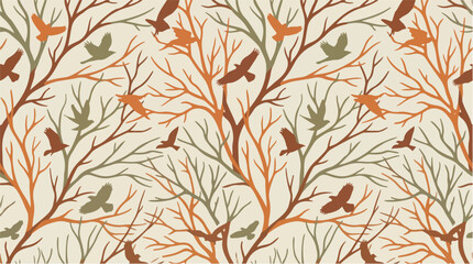 Fototapeta premium Autumn Seamless Pattern with Flying Birds and Bare Branches