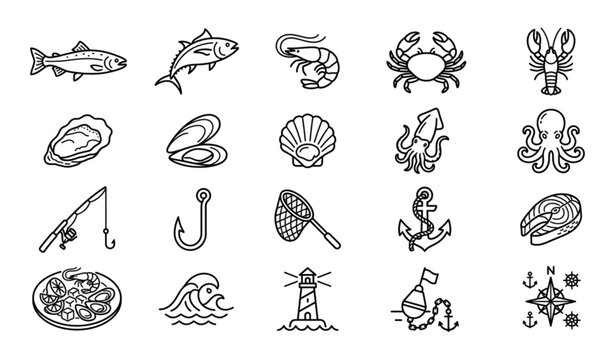 Modern Fish and Seafood Icons Vector Set