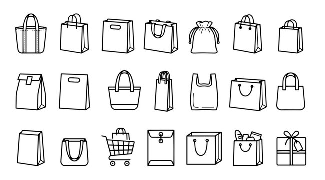 Shopping bags paper packages line icon set store purchase handle vector