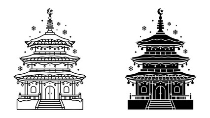 Japanese Pagoda Silhouette: A traditional Japanese pagoda, depicted in both line art and silhouette style, stands elegantly against a clean background. © Ajm