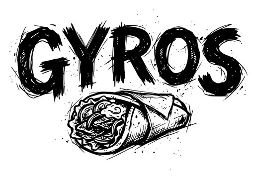 Gyros street food wrap with handwritten text in grunge sketch style