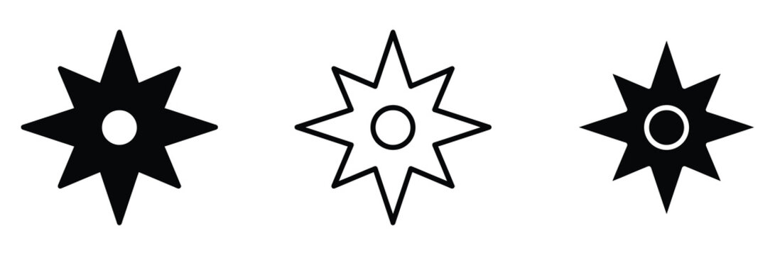 Web8 point star icon set. Sparkle twinkle symbol, compass rose navigation, ninja shuriken weapon line and glyph vector sign for award success web UI design, mobile app interface. Vector illustration