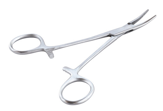 Curved clamp on a hemostate open in a studio shot