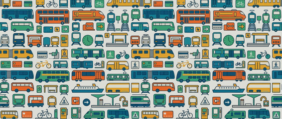 Fototapeta premium Seamless Pattern of Public Transport Icons: Buses, Trains, Trams, Bikes, Ferries
