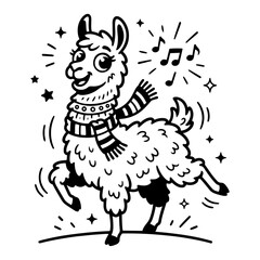 Fototapeta premium Happy llama wearing a scarf with musical notes in cute doodle style