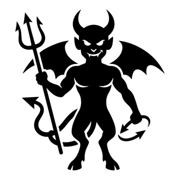 Little devil holding a trident with horns and wings in flat silhouette style