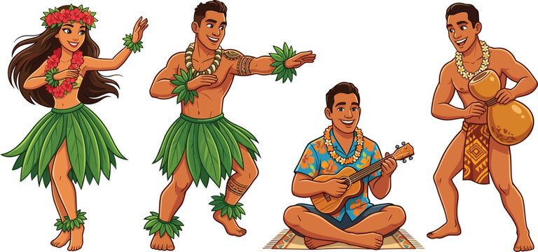 Traditional Hawaiian performers collection featuring hula dancers ukulele musician and cultural island festival characters in colorful cartoon vector style