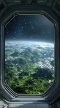 View through a spaceship window of a green landscape on a planet with moons in the sky, sci fi exploration concept, future travel theme.