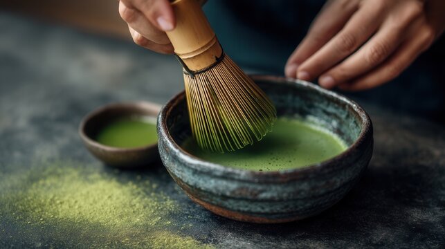 Hand using a bamboo whisk to froth matcha in a rustic bowl, wellness ritual, tea culture, artisan detail, calm focus.