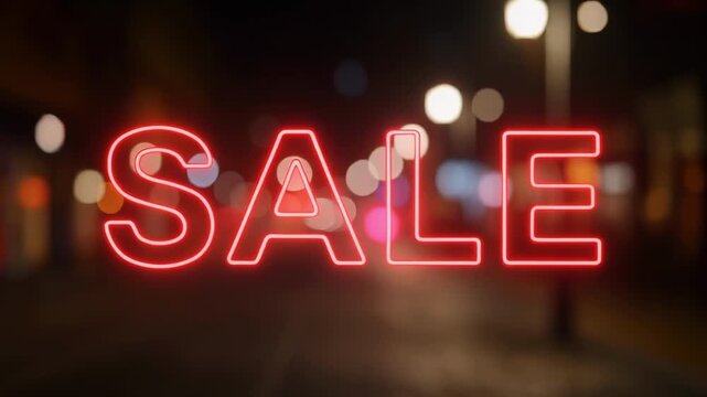 red neon sale sign flickering in dark urban night