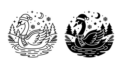 Naklejka premium Christmas Swan Illustration: A charming swan wearing a Santa hat and scarf swims gracefully in water, surrounded by pine trees, snowflakes, and a crescent moon. Two versions.