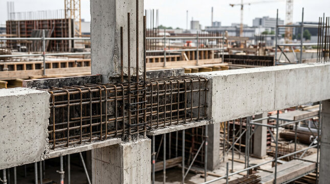 Construction site with reinforced concrete beams and scaffolding