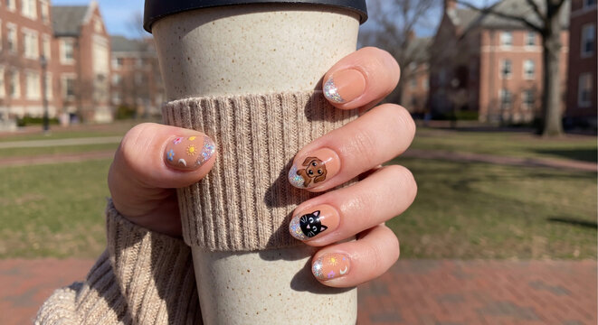 Manicure photo for fall coffee nails with cozy campus cup and sweater sleeve