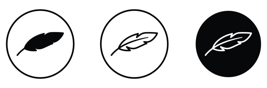 WebFeather icon set in circle. Lightweight material symbol, soft comfort concept, ink quill pen, line and glyph vector sign for web design, textile garment label, mobile app UI. Vector illustration
