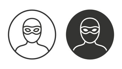 Criminal Icon: A striking set of icons depicting a masked figure, representing a criminal or thief in both outlined and silhouette formats. © Ajm