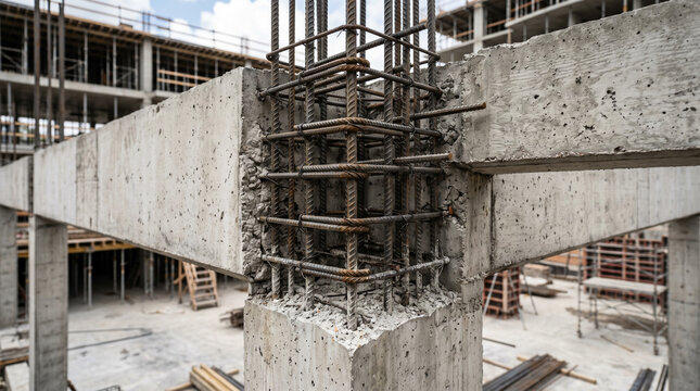 Construction site with exposed rebar and concrete beams