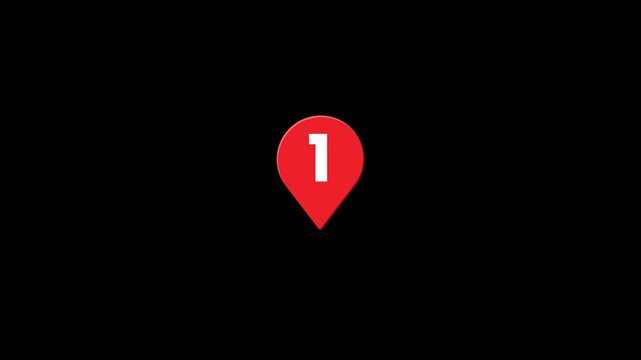 Red location pin with number one animation on transparent background for map navigation GPS destination marker and waypoint indicator alpha channel