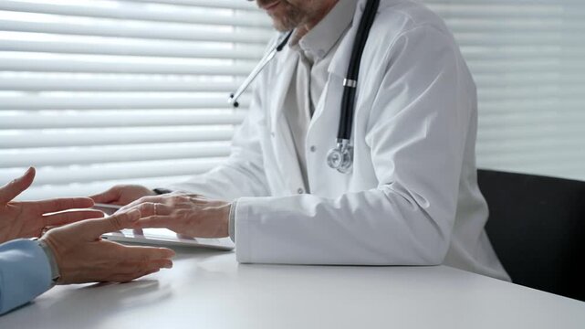 Doctor consulting patient, explaining treatment options and medical information using a digital tablet during a healthcare visit in a modern clinic setting