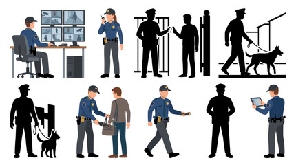 Professional vector collection featuring different security guard poses, monitoring surveillance, using handheld radio, checking entrance, standing guard, scanning visitors, patrolling building © mehdik