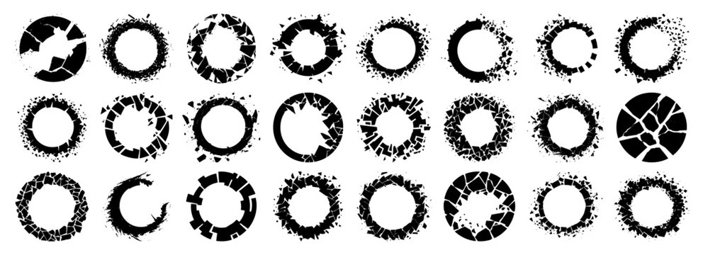 Set of broken circle frames with shattered glass and debris effect