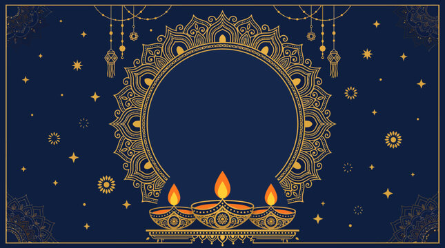 Luxury golden Diwali background with three diyas and mandala circle frame