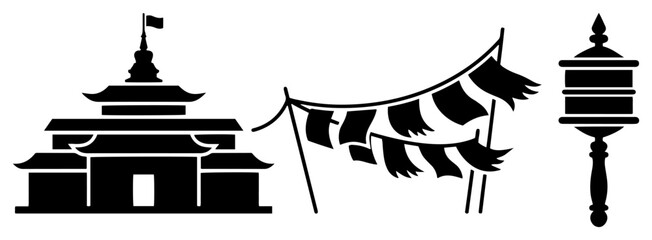buddhist temple symbols with prayer flags and wheel icons © Aisha Kudorova