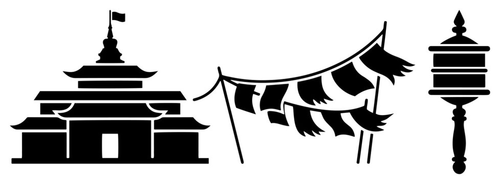 buddhist temple symbols with prayer flags and wheel icons
