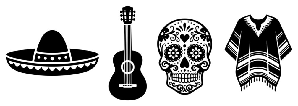 mexican culture icons with sombrero guitar sugar skull and poncho