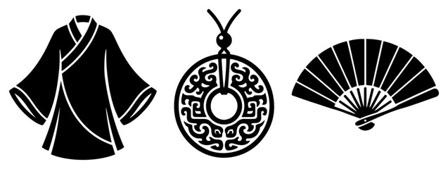 Set of traditional Chinese clothing jewelry and folding fan © Aisha Kudorova