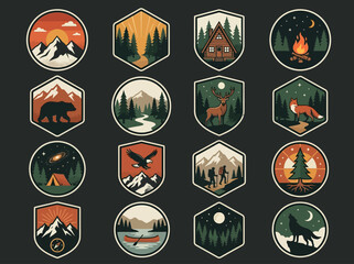 Set of 16 vintage wilderness camping badges with mountains, wildlife, and outdoor adventure themes in a retro vector style. © Tutik