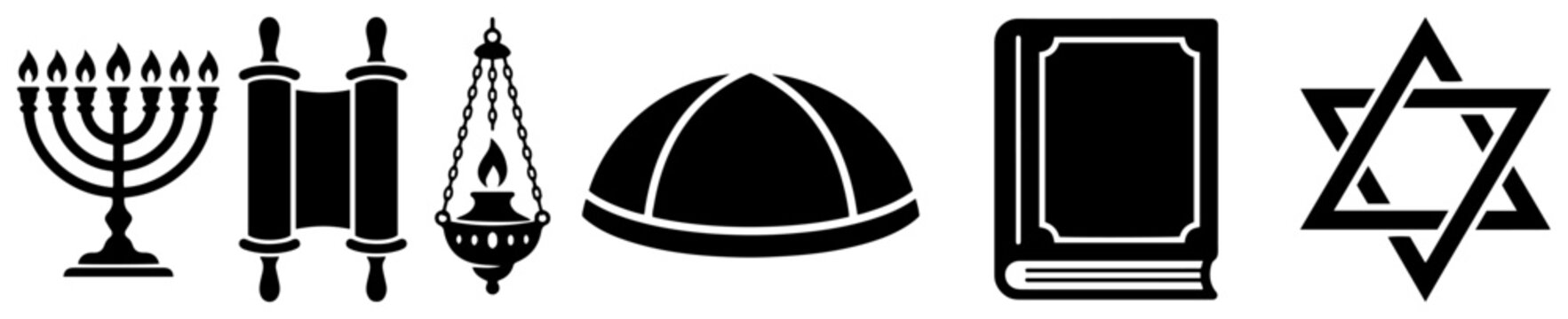 Judaism religious symbols including menorah and torah in flat style