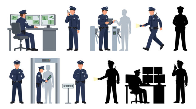 Set of vector collection featuring different security guard poses, monitoring surveillance, using handheld radio, checking entrance, standing guard, scanning visitors, patrolling building