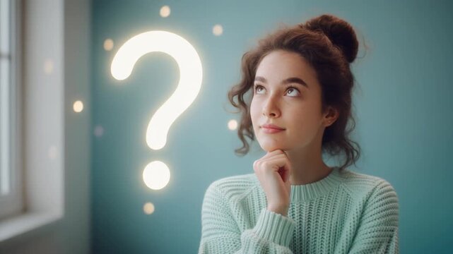 Young Woman With Curly Hair Thinking Deeply With Hand on Chin Blue Background