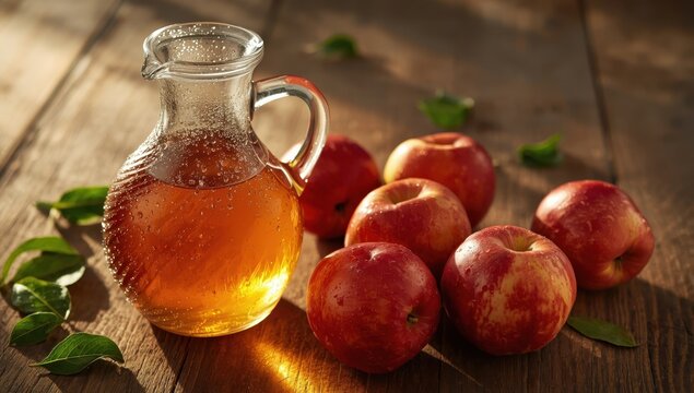 Fresh red apples and apple cider vinegar in a glass container.