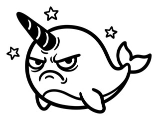 Grumpy narwhal character with stars in cute cartoon style © Aisha Kudorova