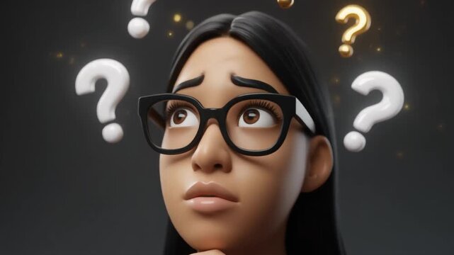 3D Animated Woman with Glasses Thinking Deeply Pondering a Question