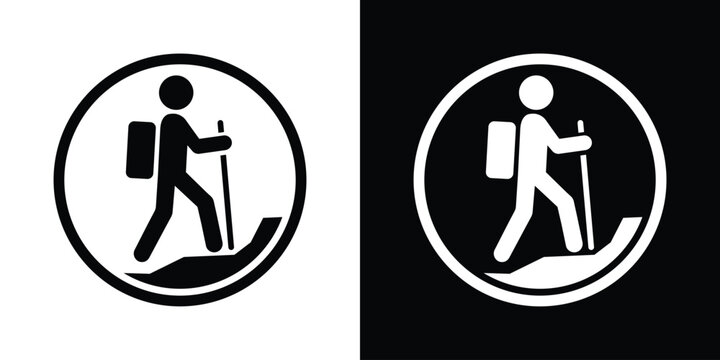 Hiker trekking uphill with backpack icon enclosed in a circular frame. Black and white vector.