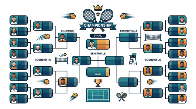 Sports tournament bracket illustration with tennis elements and player icons