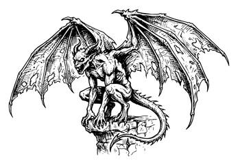 Gargoyle demon with wings perched on stone in vintage engraving style © Aisha Kudorova