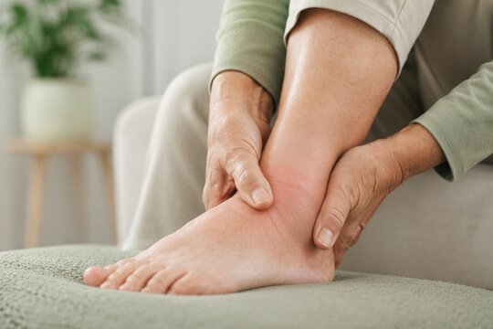 Elderly person rubbing their swollen, red ankle, indicating pain and discomfort from an injury or medical condition