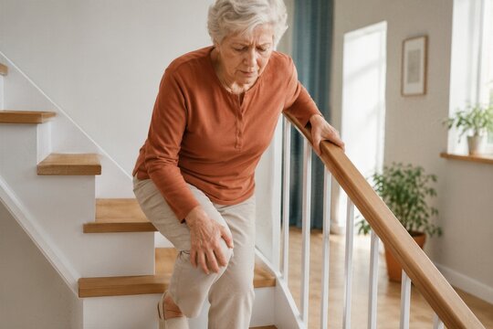 Elderly woman holding her knee in pain while climbing stairs at home. Concept of arthritis and joint pain in old age. Difficulty with mobility and stairs