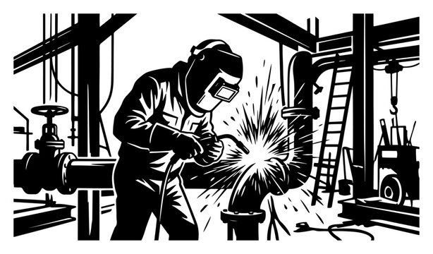 Industrial welder welding metal pipes in factory warehouse high contrast vector illustration