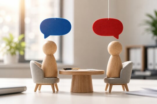 Wooden peg figures sitting at a round table with speech bubbles in a corporate office.