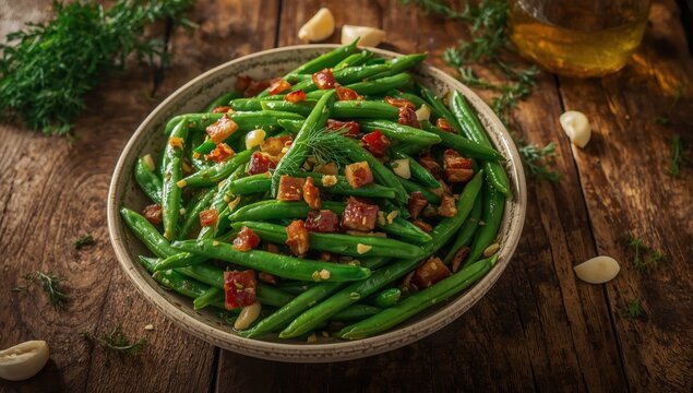 Garlic, dill, and bacon broad beans on a wooden surface.