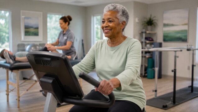 Smiling senior black woman exercising on stationary bike in physical therapy clinic. Elderly patient undergoing rehabilitation for joint health. Active aging lifestyle