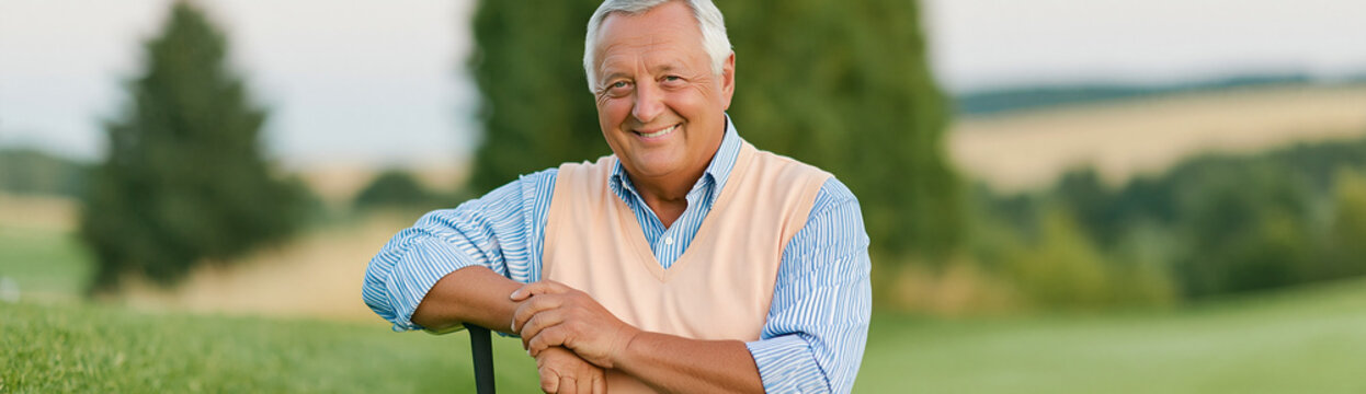 Smiling senior Caucasian man outdoors in a park. Happy older male pensioner enjoying active retirement lifestyle. Horizontal banner with copy space