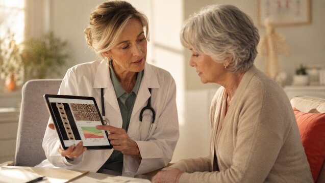 Female doctor explains medical charts on a digital tablet to a senior patient during a home visit or consultation in an office