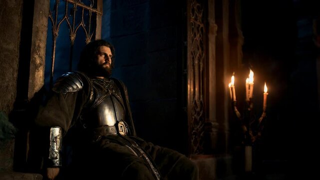 King David in armor sitting in a dark palace chamber. Biblical hero reflecting in thought. Ancient Israelite royalty cinematic shot