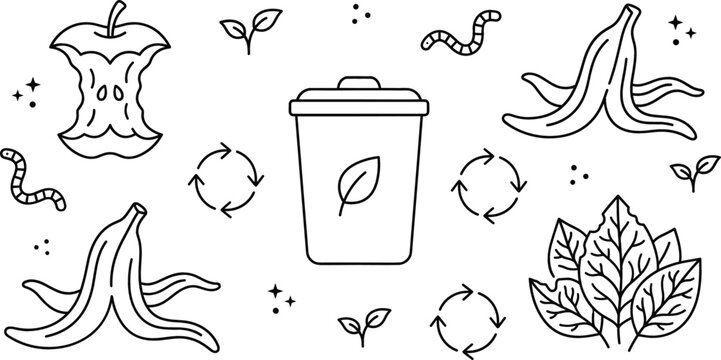 Compost life cycle icon set with apple core banana peel bin leaves worm line art vector outline illustration elements