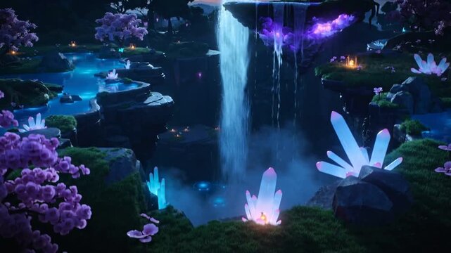 Dusk falling, lit waterfall and mossy platform emitting purple cavern glow in canyon, mist pooling